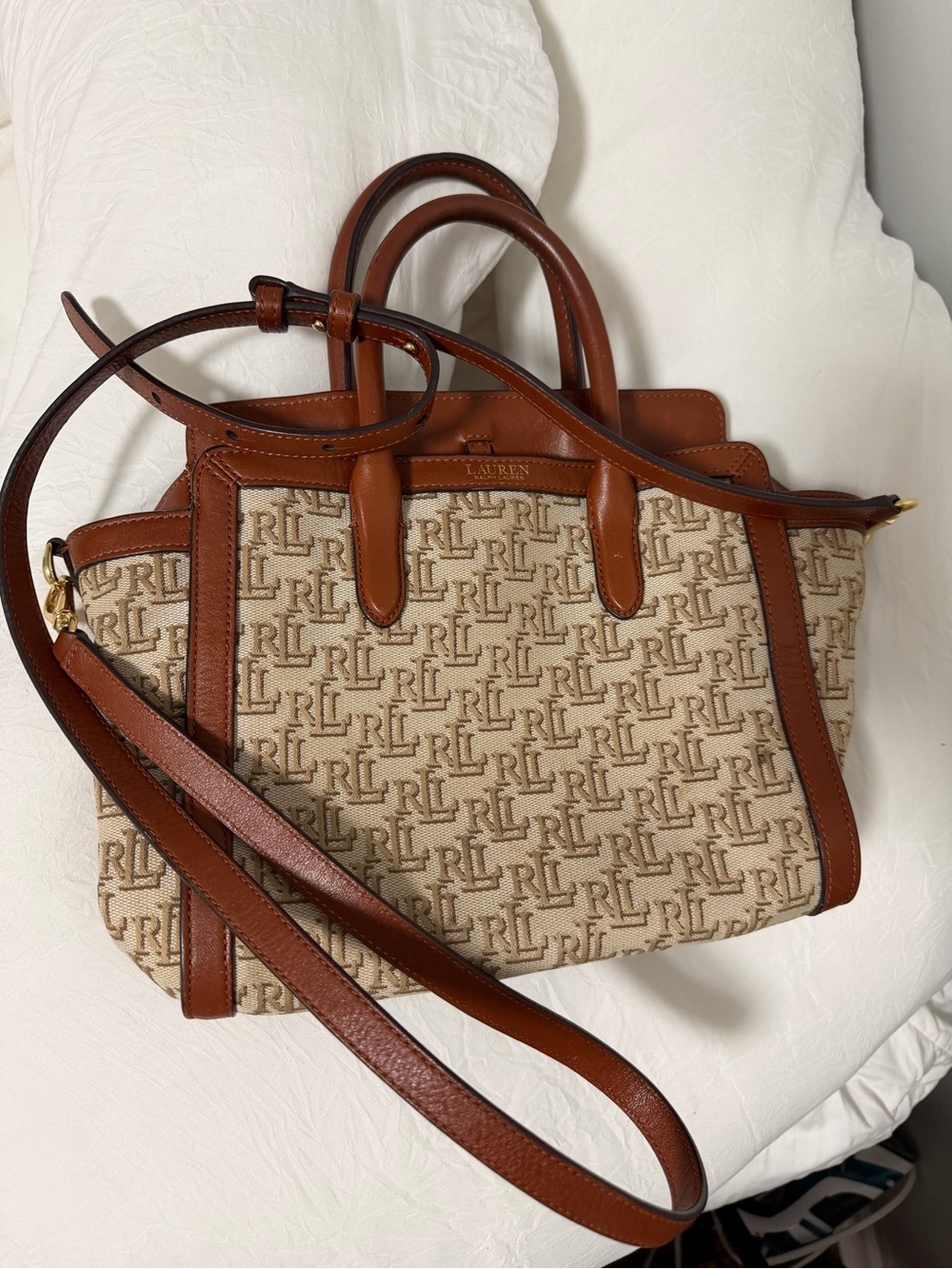 Lauren Ralph Lauren Cream Jacquard Satchel with Brown Leather Trim
